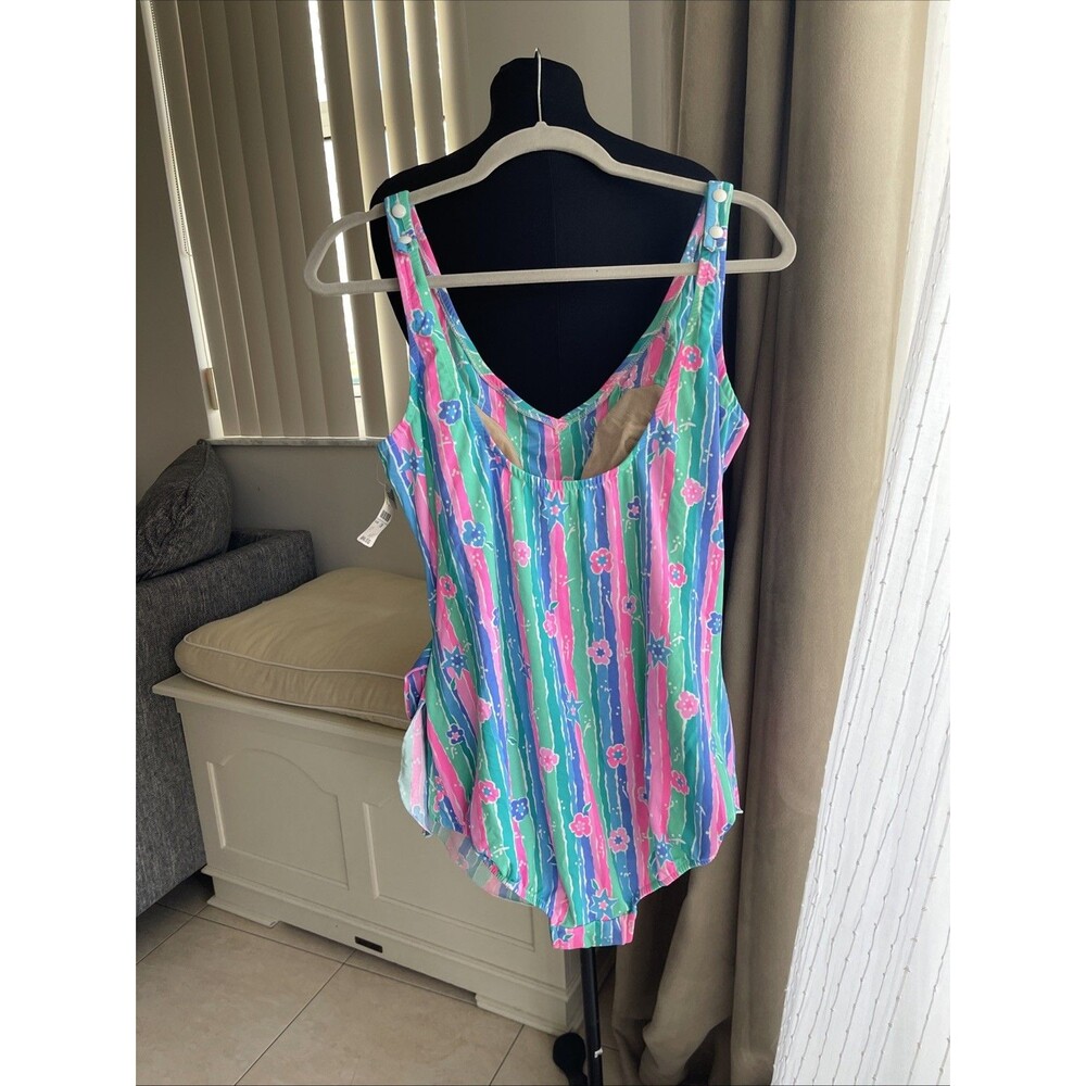 Vintage Talbots Bright Floral Striped One Piece Skirted Front Swimsuit Sz 18 USA - Picture 3 of 9